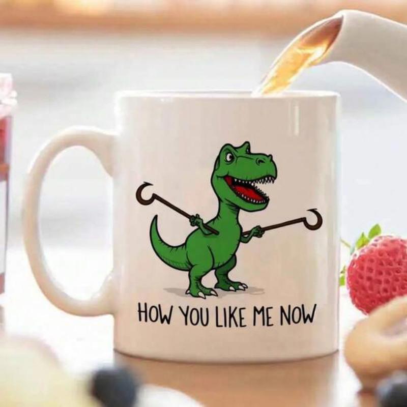 Tailorly White Ceramic 11 oz Mug - How You Like Me Now Funny Green Cartoon Reaching With Long Grabber Tools Dinosaur