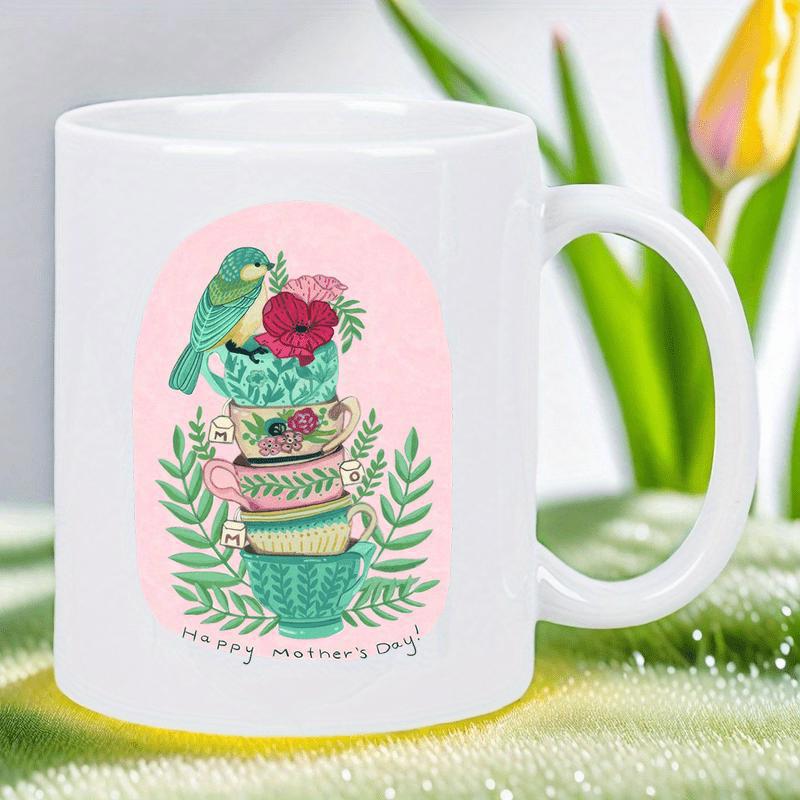Tailorly White Ceramic 11 oz Mug - Happy Mother's Day Vintage Stacked Cups With Perched Blue Bird And Floral Accents Teacup
