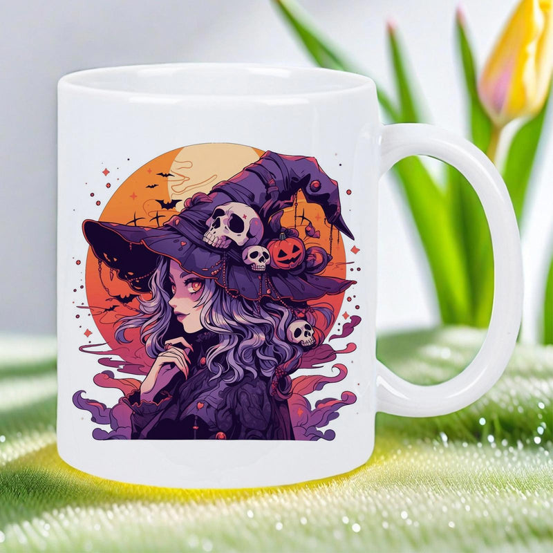 Tailorly White Ceramic 11 oz Mug - Mystical Girl With Purple Hair Wearing Hat Decorated With Skulls And Pumpkin Witch