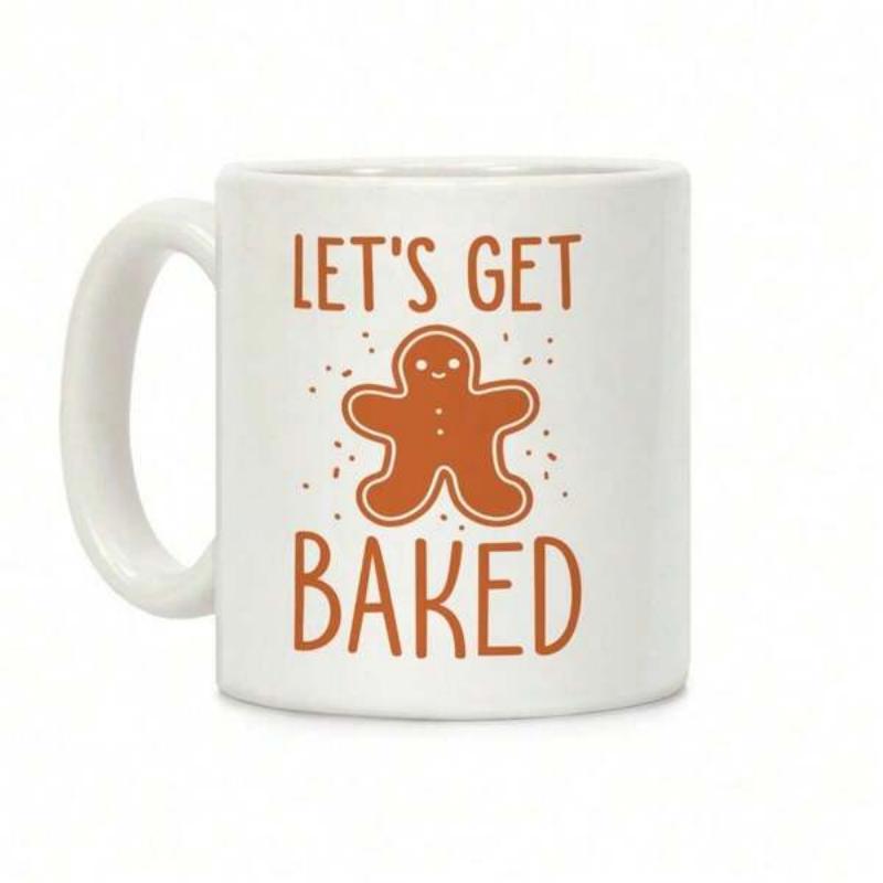Tailorly White Ceramic 11 oz Mug - Lets Get Baked Festive Brown Gingerbread Man Cookie With White Icing Details And Tiny Sprinkles Gingerbread