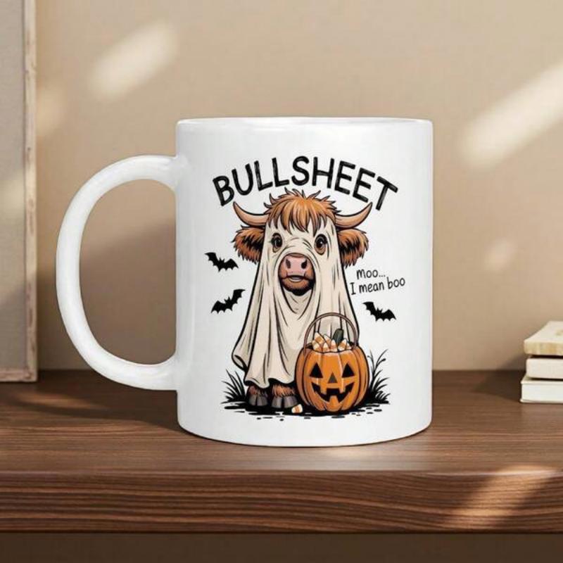 Tailorly White Ceramic 11 oz Mug - Bullsheet Moo I Mean Boo Highland Cow Wearing White Ghost Sheet Beside Smiling Halloween Pumpkin Cow