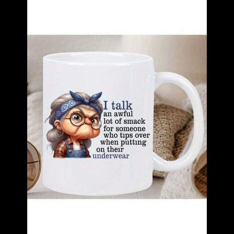 Tailorly White Ceramic 11 oz Mug - I Talk An Awful Lot Of Smack For Someone Who Tips Over When Putting On Their Underwear Grumpy Cartoon Lady Wearing Blue Bandana