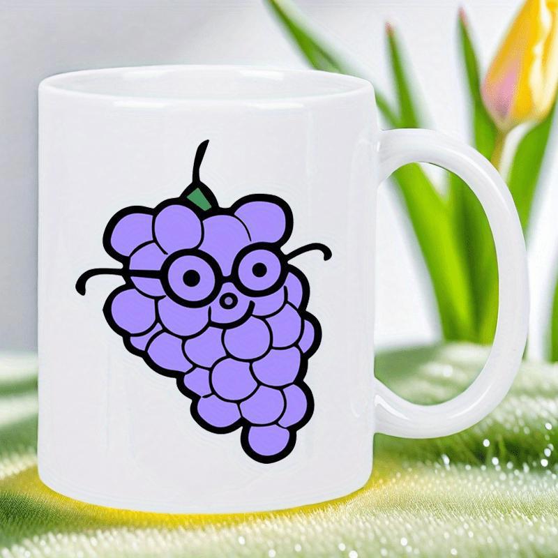 Tailorly White Ceramic 11 oz Mug - Cartoon Purple Grapes Wearing Black Round Glasses With A Smiling Expression Grape
