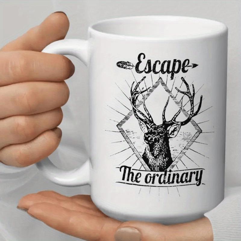 Tailorly White Ceramic 11 oz Mug - Escape The Ordinary Detailed Artistic Sketch Within Geometric Diamond Frame Radiating Sharp Sunburst Lines Stag
