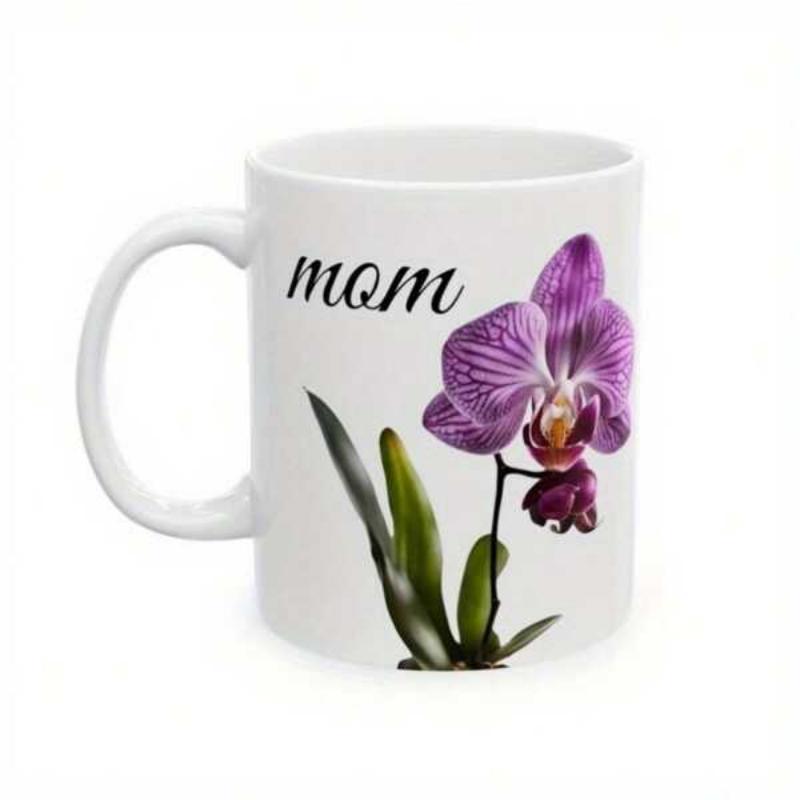 Tailorly White Ceramic 11 oz Mug - Mom Elegant Purple Orchid Flower Blooming Among Vibrant Green Leaves Orchid
