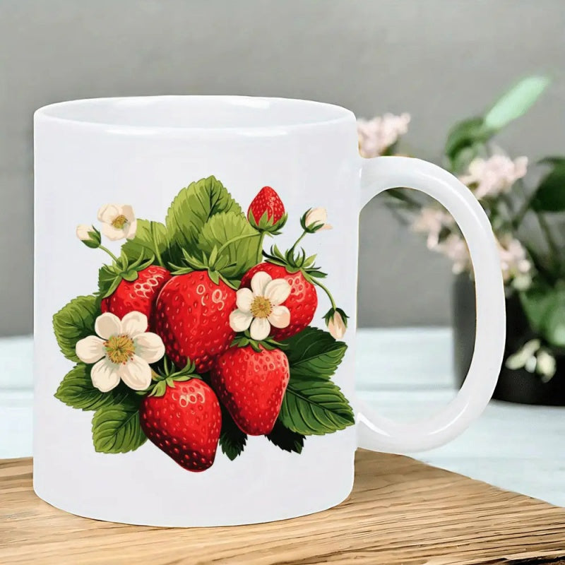 Tailorly White Ceramic 11 oz Mug - Fresh Organic Red Berries Nestled Among Vibrant Green Leaves And White Blossoming Strawberry