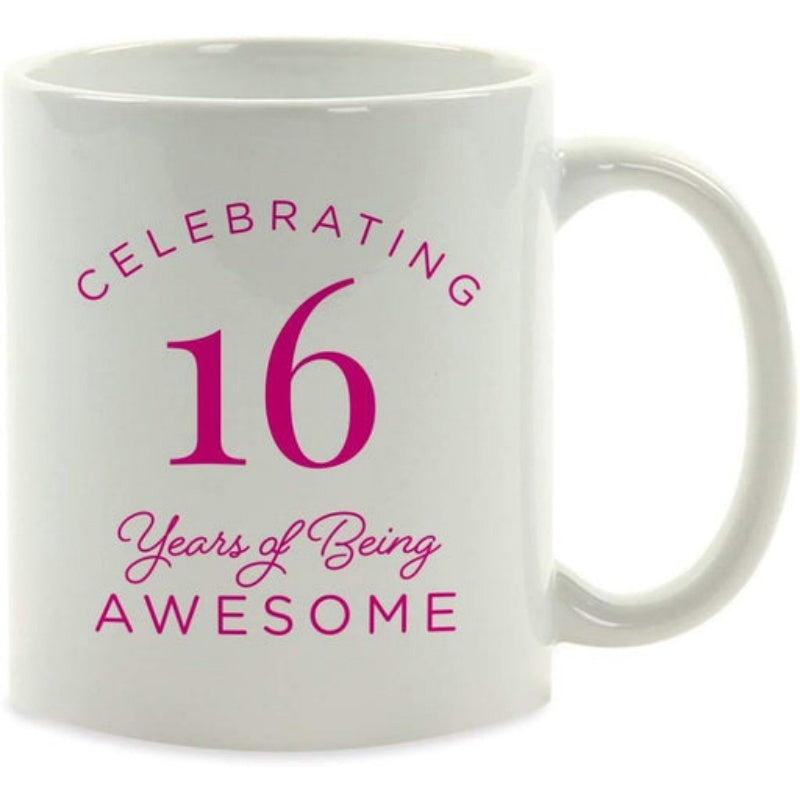 Tailorly White Ceramic 11 oz Mug - Celebrating 16 Years Of Being Awesome White Ceramic Birthday Celebration With Bold Pink Lettering Mug