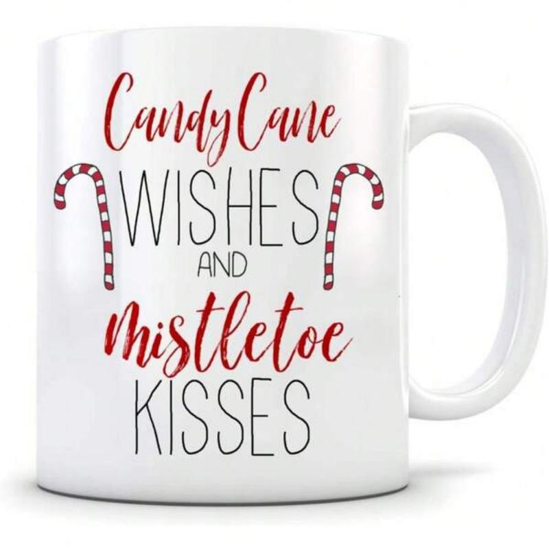 Tailorly White Ceramic 11 oz Mug - Candy Cane Wishes And Mistletoe Kisses Festive Red Striped Holiday Sweets Beside Modern Script Typography Mug