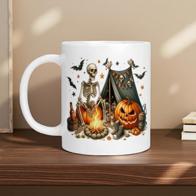 Tailorly White Ceramic 11 oz Mug - Eerie Halloween Scene With Carved Pumpkins And A Campfire Under Bats Skeleton
