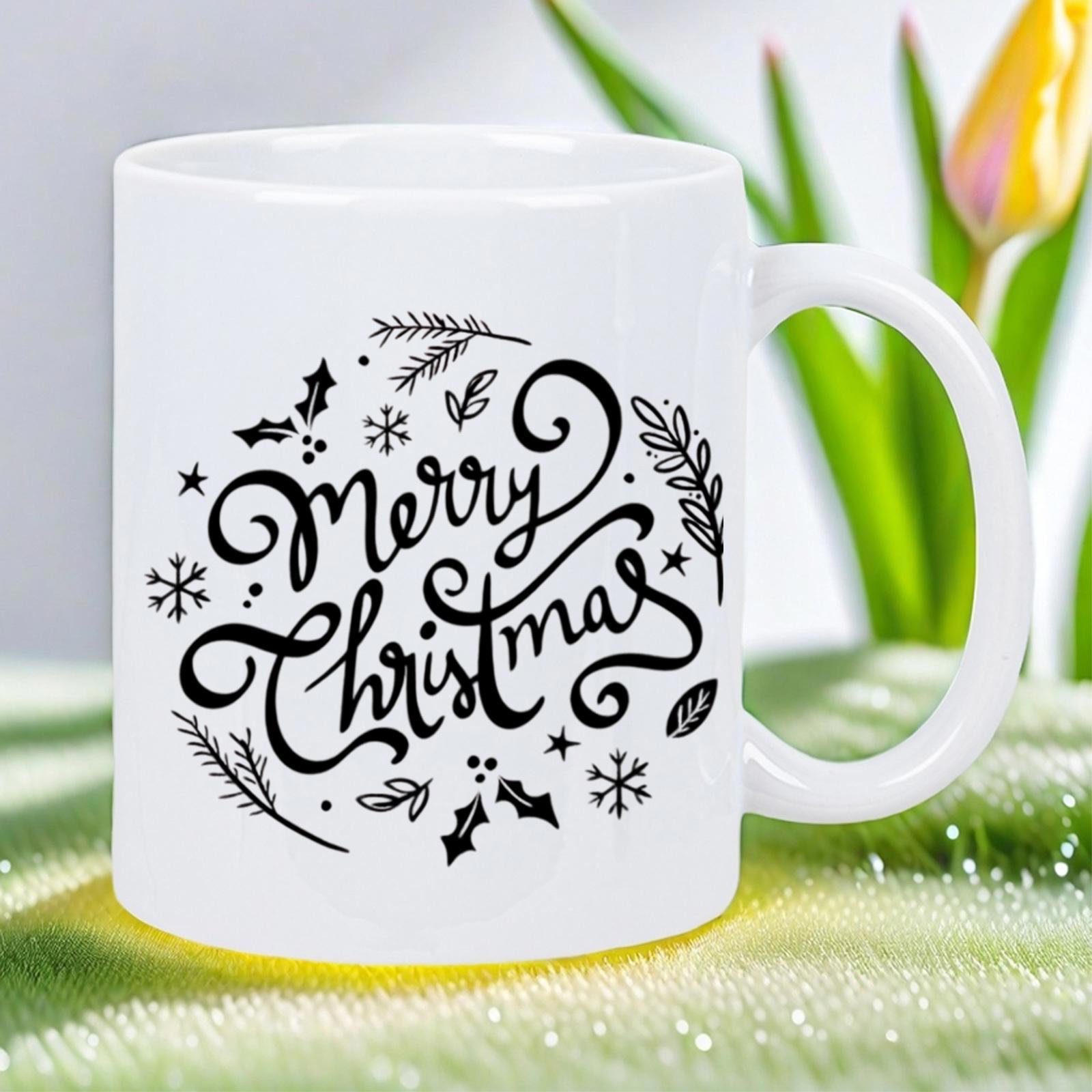 Tailorly White Ceramic 11 oz Mug - Merry Christmas Hand Lettered Script Surrounded By Festive Winter Foliage And Delicate Snowflakes Pattern