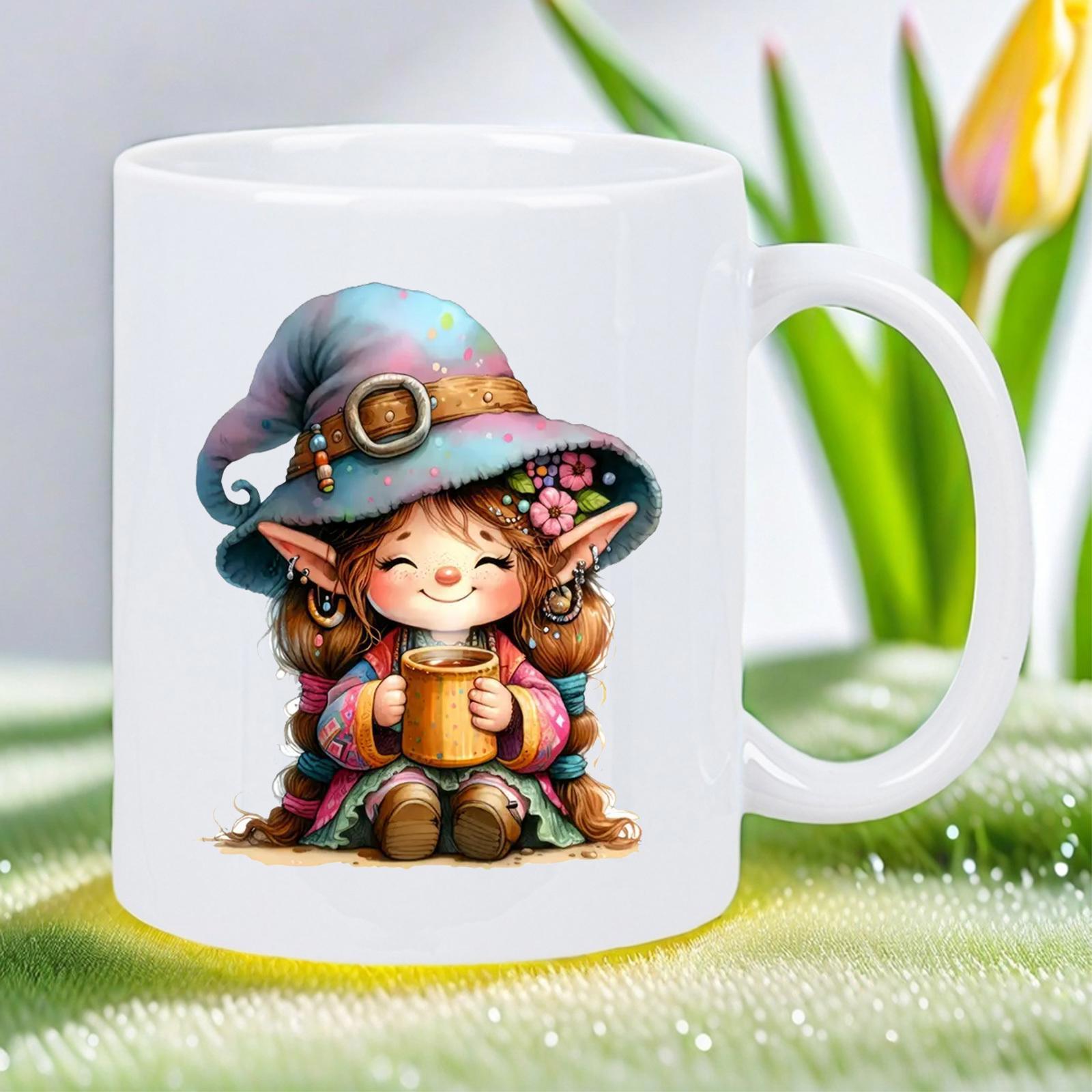 Tailorly White Ceramic 11 oz Mug - Adorable Little Wizard Character Holding Steaming Coffee Mug Wearing Oversized Hat Witch