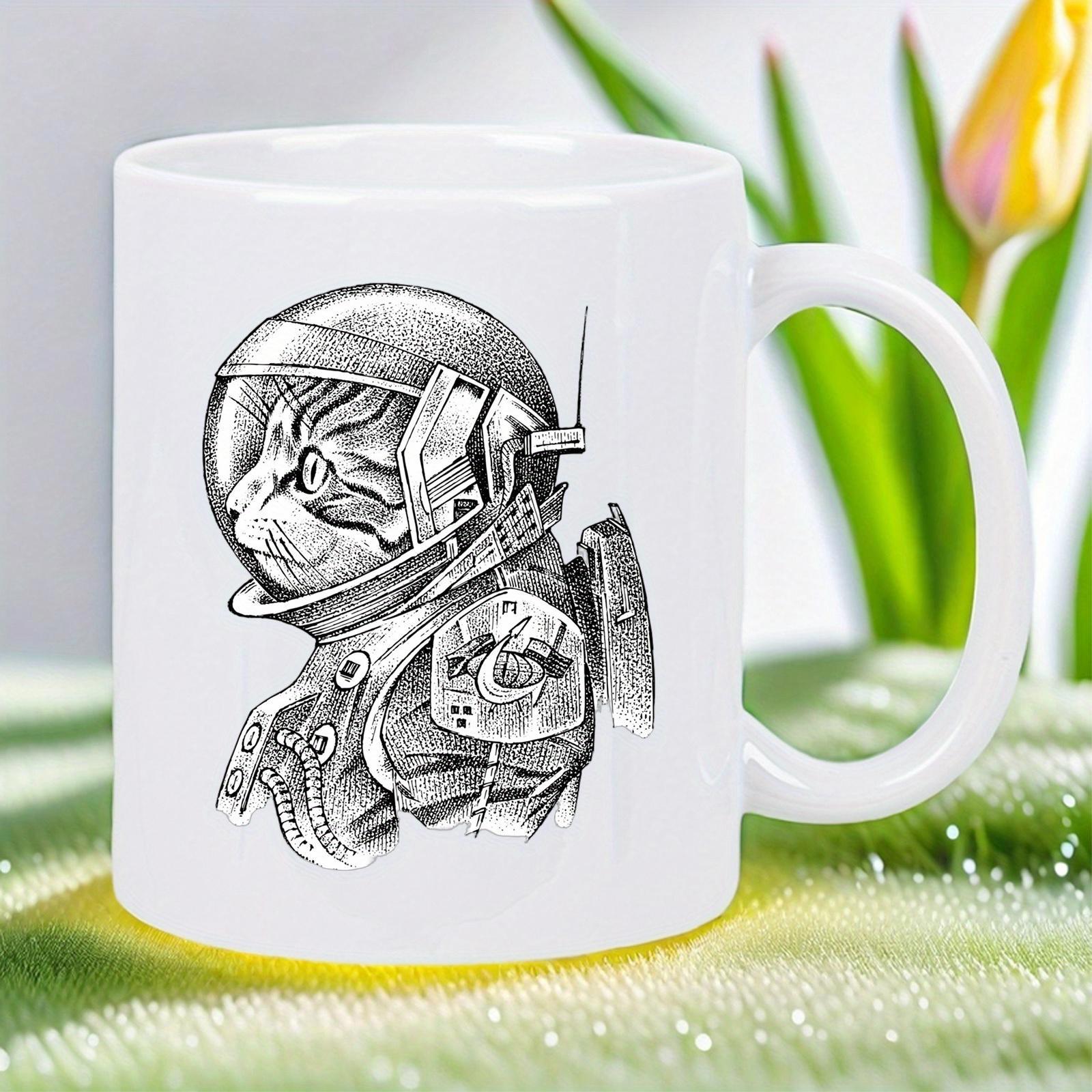 Tailorly White Ceramic 11 oz Mug - Detailed Sketch Showing A Brave Feline Wearing A Realistic Vintage Astronaut Space Cat