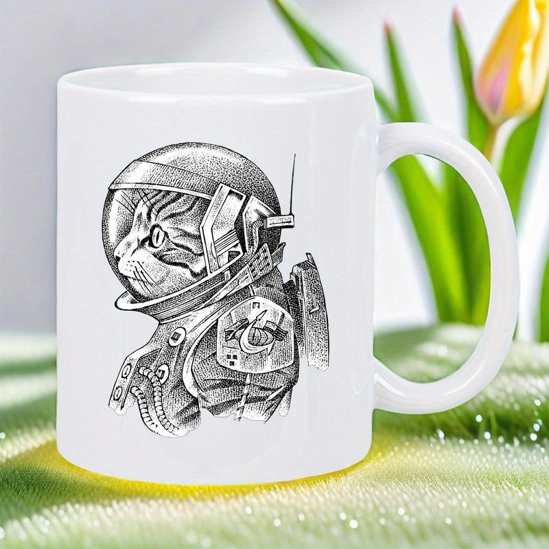 Tailorly White Ceramic 11 oz Mug - Detailed Sketch Showing A Brave Feline Wearing A Realistic Vintage Astronaut Space Cat
