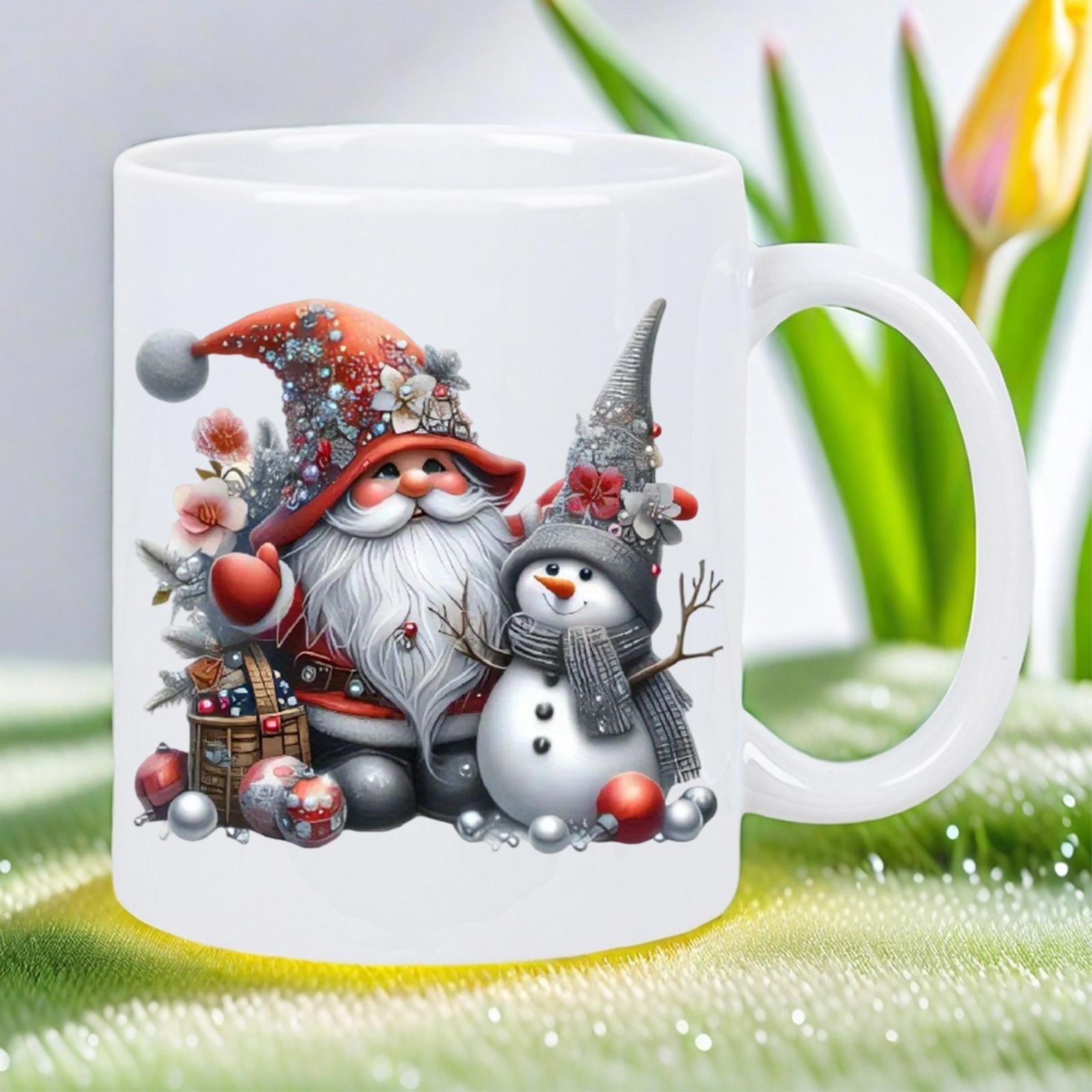 Tailorly White Ceramic 11 oz Mug - Festive Christmas Gnome And Small Winter Friend Standing In Snow Snowman