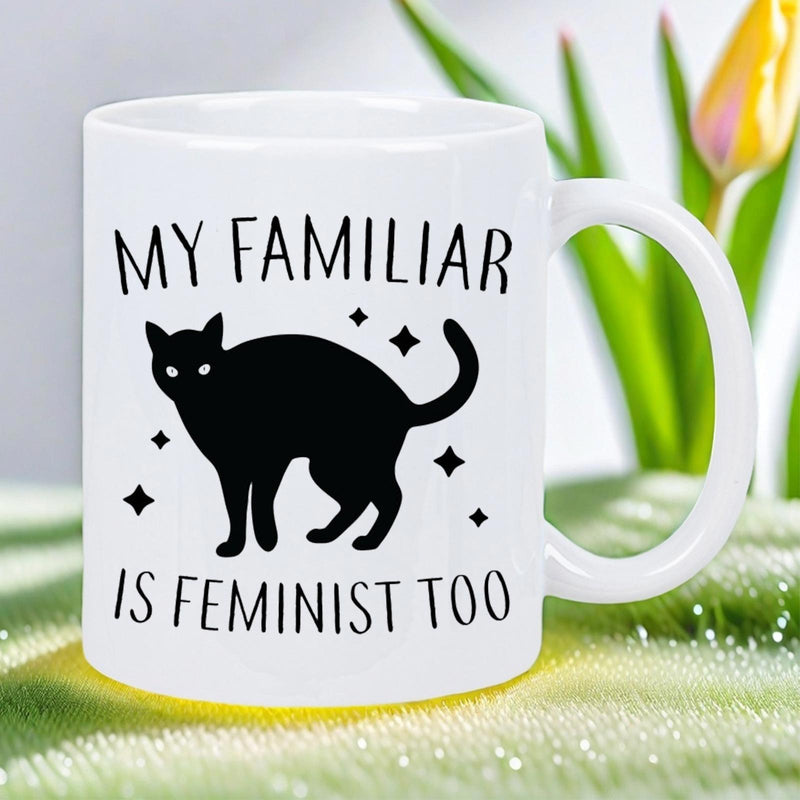 Tailorly White Ceramic 11 oz Mug - My Familiar Is Feminist Too Sleek Arched Black Silhouette With Twinkling Stars And Magical Glowing Eyes Cat