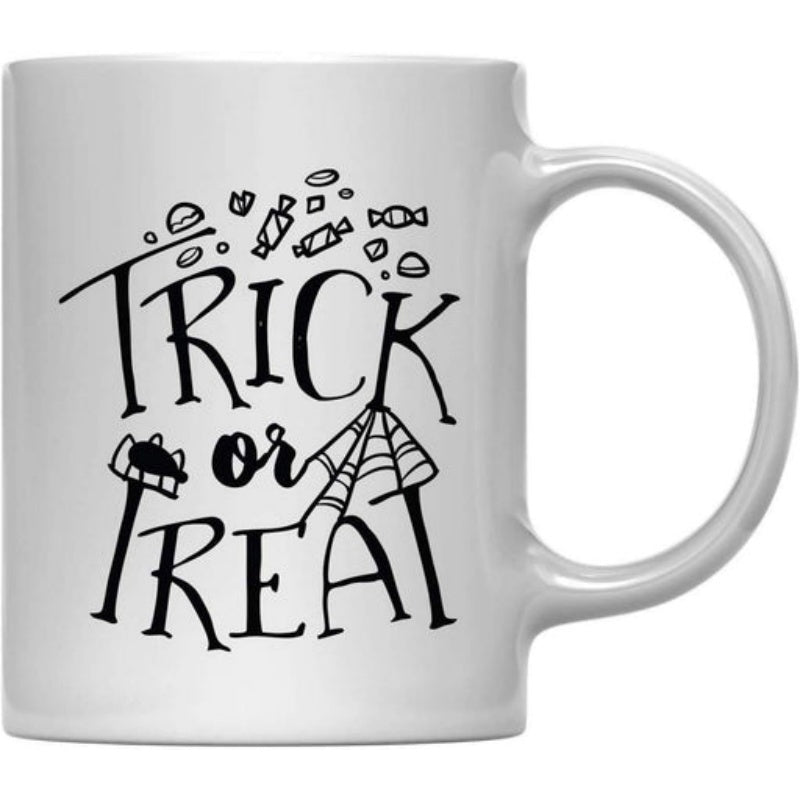 Tailorly White Ceramic 11 oz Mug - Trick Or Treat Spooky Halloween Candies Surrounded By A Delicate Intricate Spider Web Mug