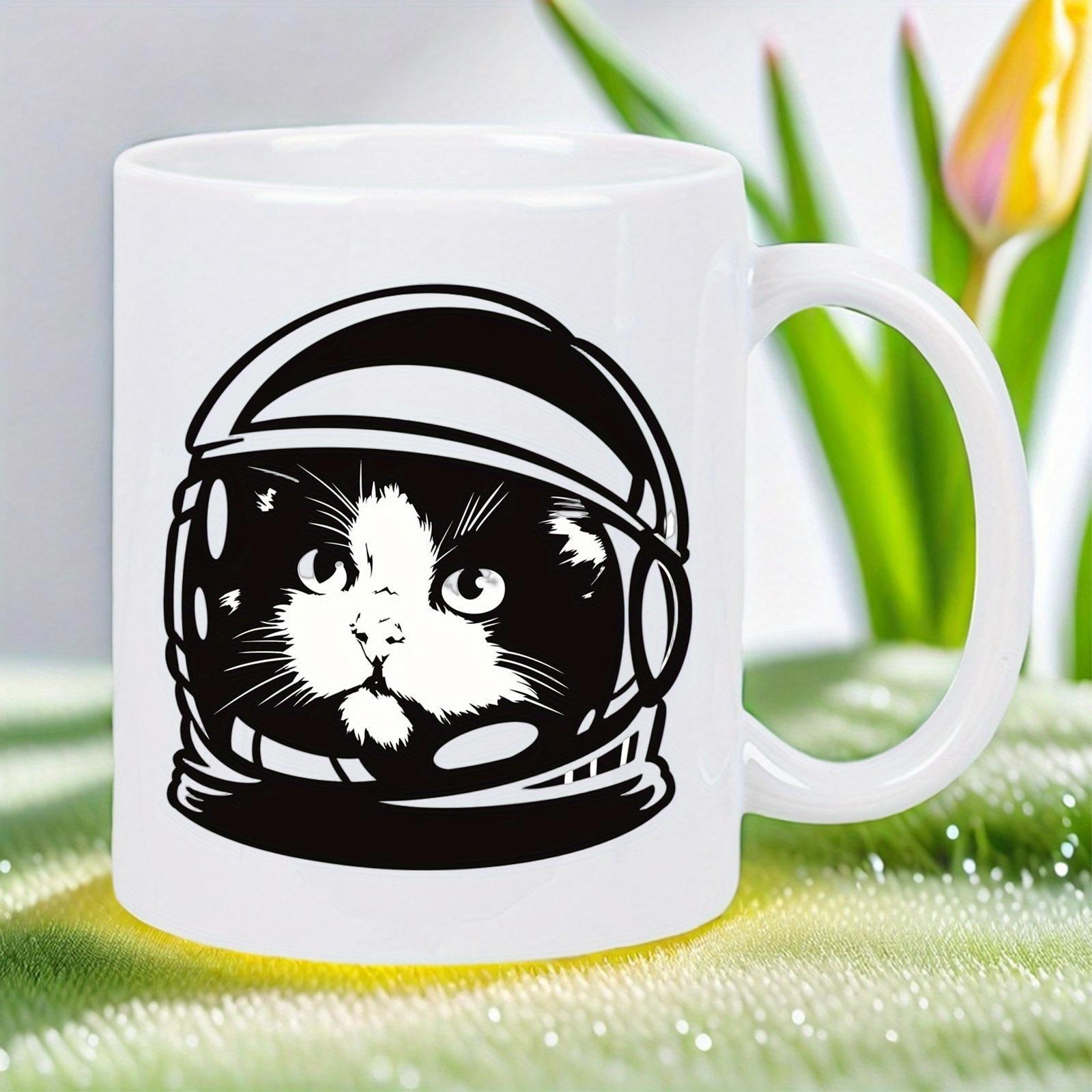 Tailorly White Ceramic 11 oz Mug - Minimalist Space Explorer Feline Wearing Detailed Astronaut Helmet Graphic Design Cat