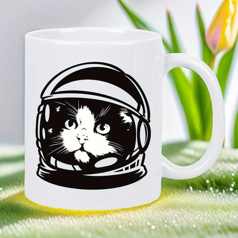 Tailorly White Ceramic 11 oz Mug - Minimalist Space Explorer Feline Wearing Detailed Astronaut Helmet Graphic Design Cat