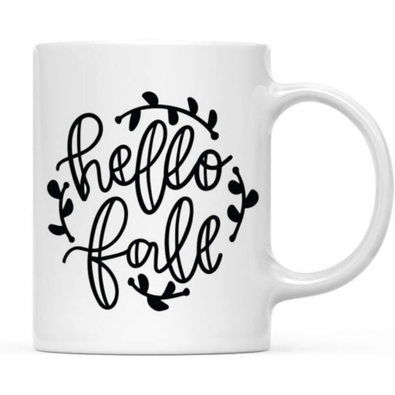 Tailorly White Ceramic 11 oz Mug - Hello Fall Minimalist Black Circular Vine Wreath With Small Delicate Leaves Ceramic Mug