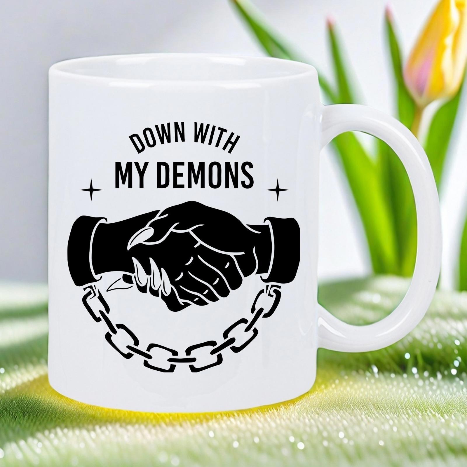 Tailorly White Ceramic 11 oz Mug - Down With My Demons Intricate Dark Silhouette Style Featuring Broken Chains Beneath A Powerful Handshake