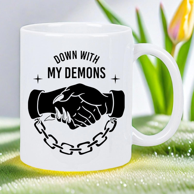 Tailorly White Ceramic 11 oz Mug - Down With My Demons Intricate Dark Silhouette Style Featuring Broken Chains Beneath A Powerful Handshake