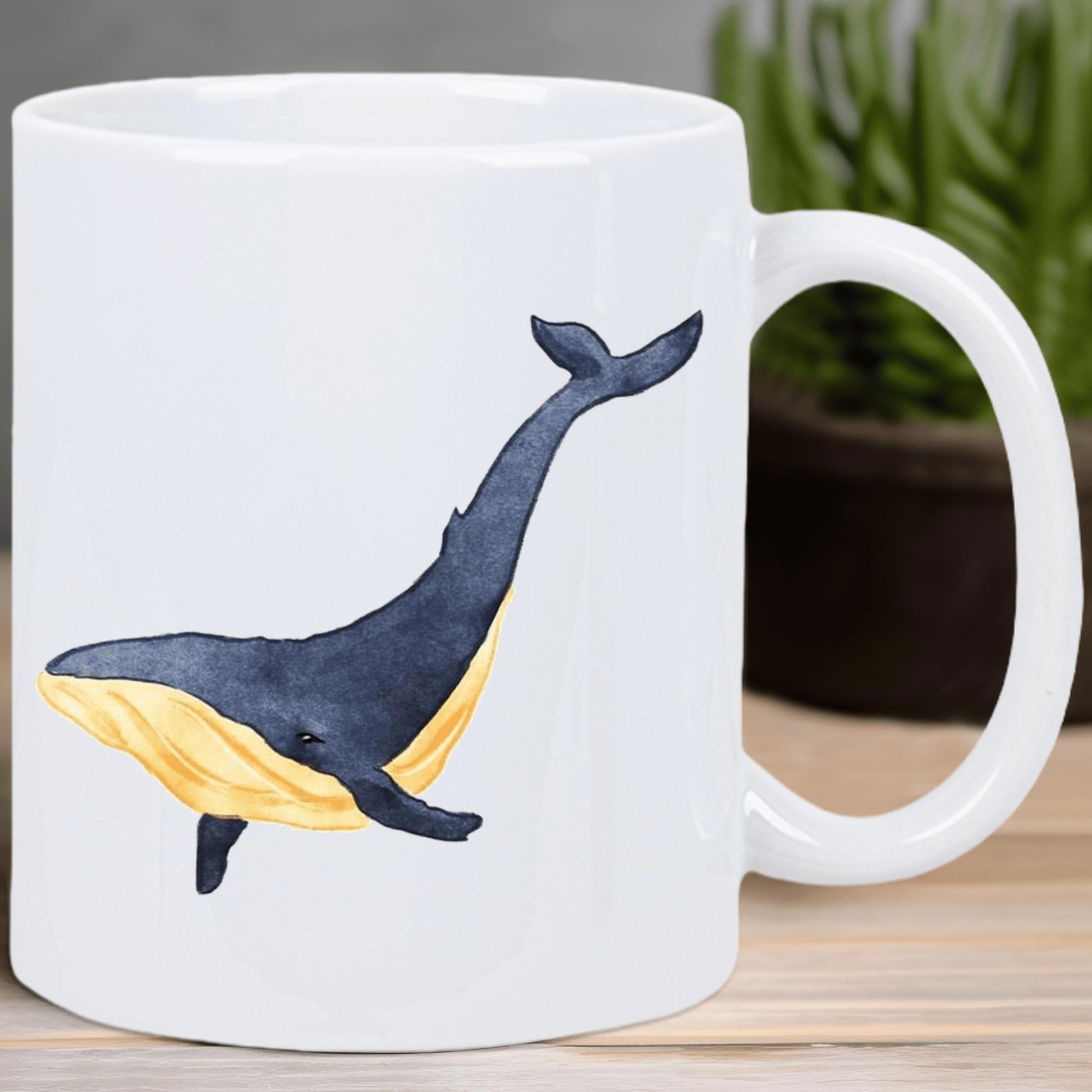 Tailorly White Ceramic 11 oz Mug - Artistic Watercolor Style Majestic Ocean Mammal Swimming Through Deep Blue Sea Whale