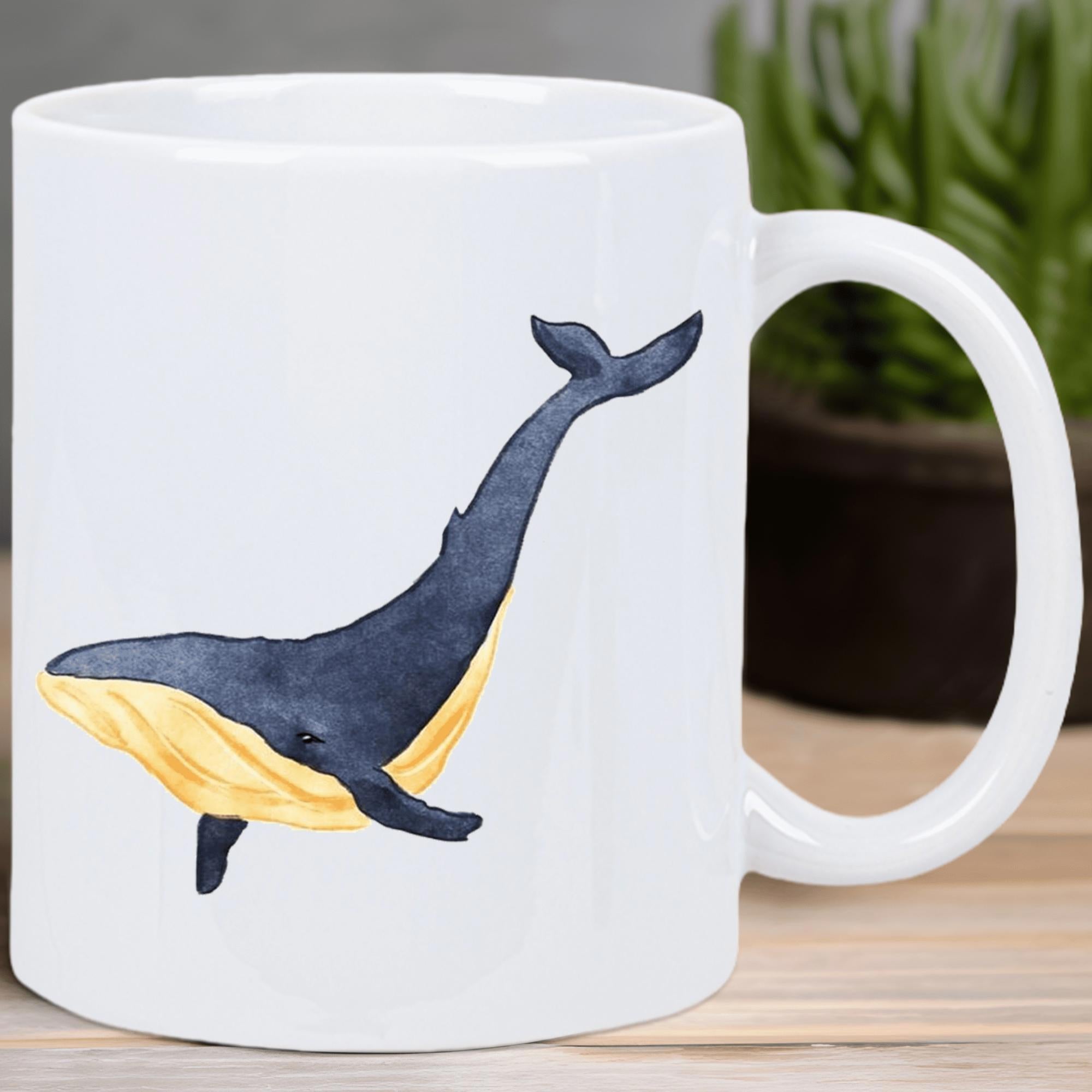 Tailorly White Ceramic 11 oz Mug - Artistic Watercolor Style Majestic Ocean Mammal Swimming Through Deep Blue Sea Whale