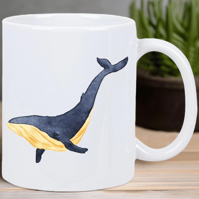Tailorly White Ceramic 11 oz Mug - Artistic Watercolor Style Majestic Ocean Mammal Swimming Through Deep Blue Sea Whale