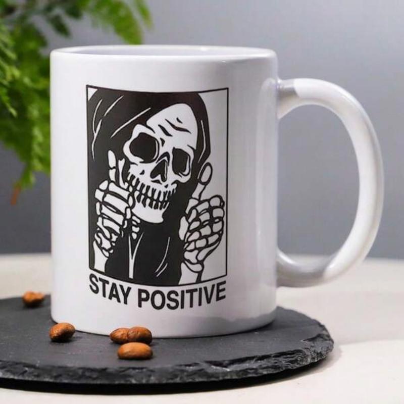 Tailorly White Ceramic 11 oz Mug - Stay Positive Monochrome Hooded Skeleton Gesturing With Two Thumbs Up Reaper