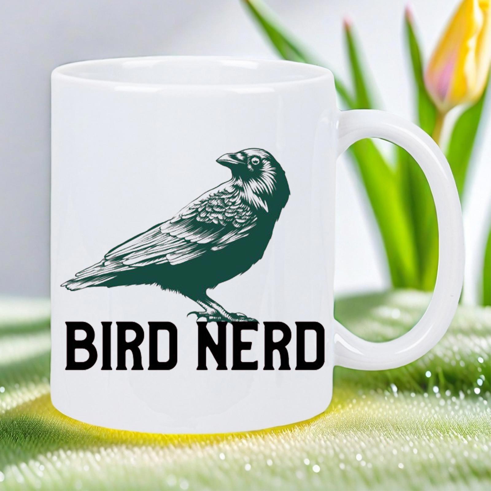 Tailorly White Ceramic 11 oz Mug - Bird Nerd Highly Detailed Dark Raven Standing Silently In A Classic Profile Crow