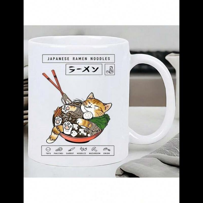 Tailorly White Ceramic 11 oz Mug - Japanese Ramen Noodles Cute Sleeping Orange Tabby Cat Resting Inside Delicious Bowl Of Ramen Cat