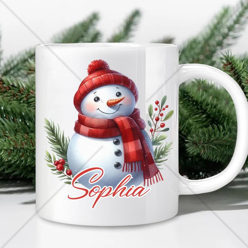 Tailorly White Ceramic 11 oz Mug - Sophia Cute Smiling Winter With Red Hat And Plaid Scarf Snowman