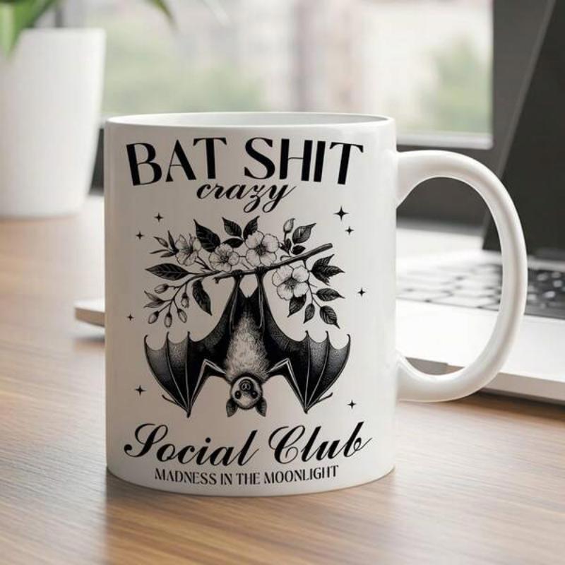 Tailorly White Ceramic 11 oz Mug - Bat Shit Crazy Social Club Madness In The Moonlight Monochrome Hanging From Blooming Branch Under Night Stars And Delicate