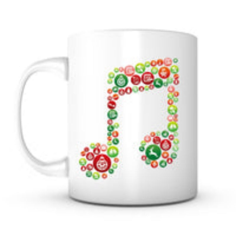 Tailorly White Ceramic 11 oz Mug - Festive Small Christmas Icons Forming A Vibrant Red And Green Musical Note