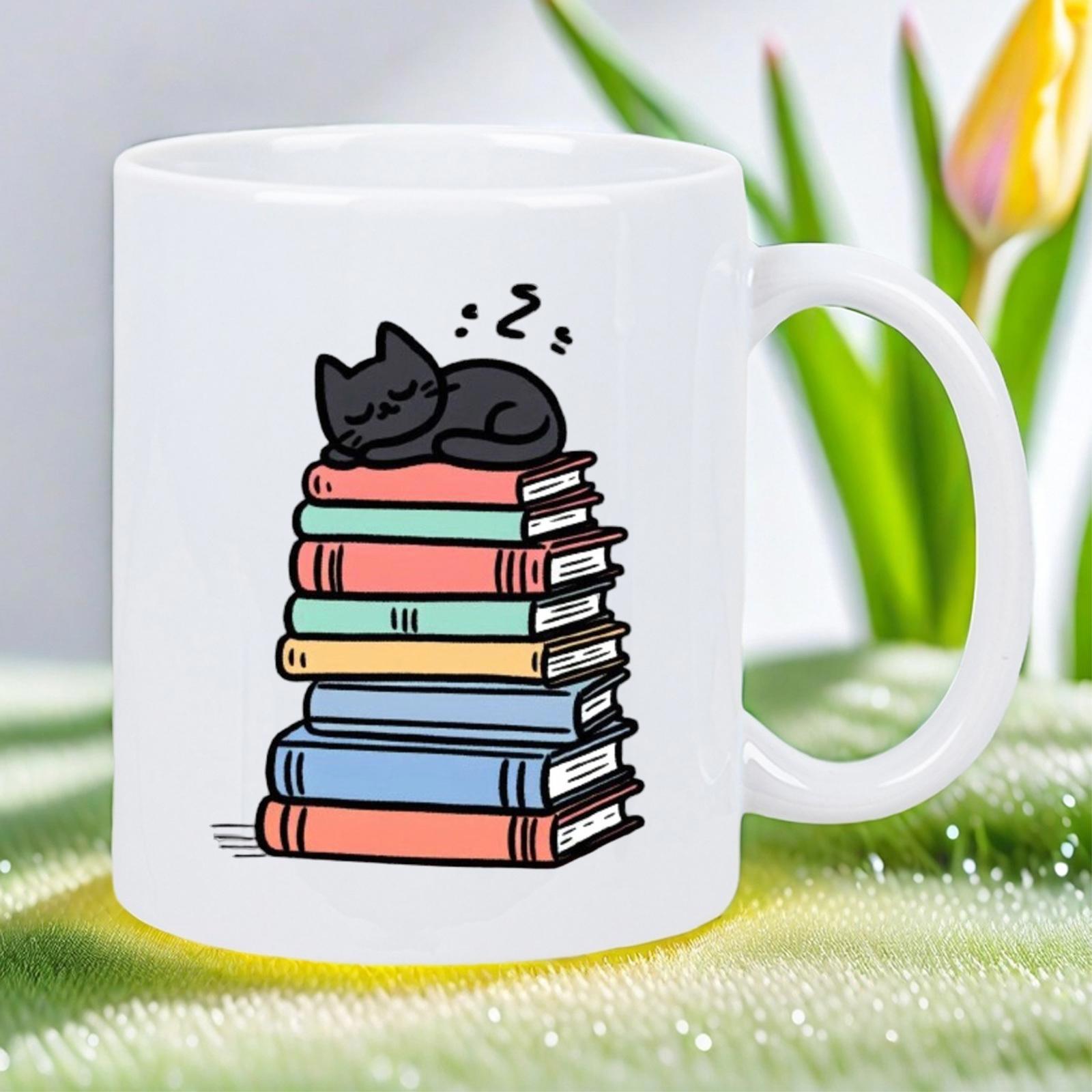 Tailorly White Ceramic 11 oz Mug - Adorable Black Kitten Sleeping Soundly On A Colorful Stack Of Books Cat