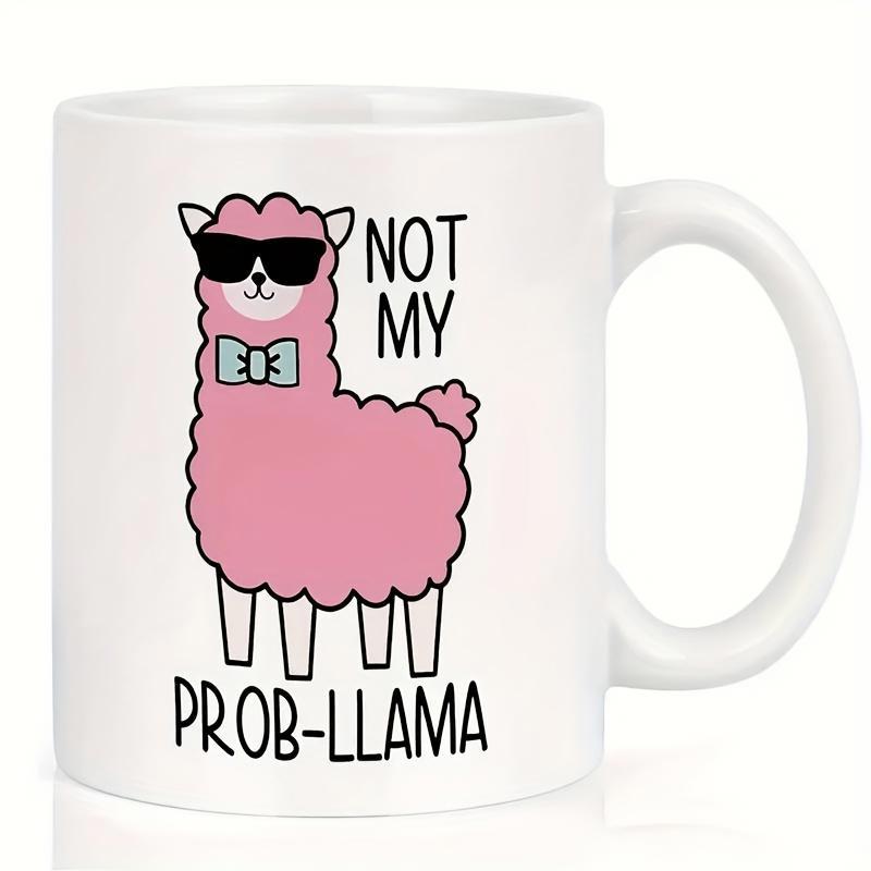 Tailorly White Ceramic 11 oz Mug - Not My Prob Llama Pink Fluffy Cartoon Animal Wearing Stylish Sunglasses And A Cute Bowtie Llama