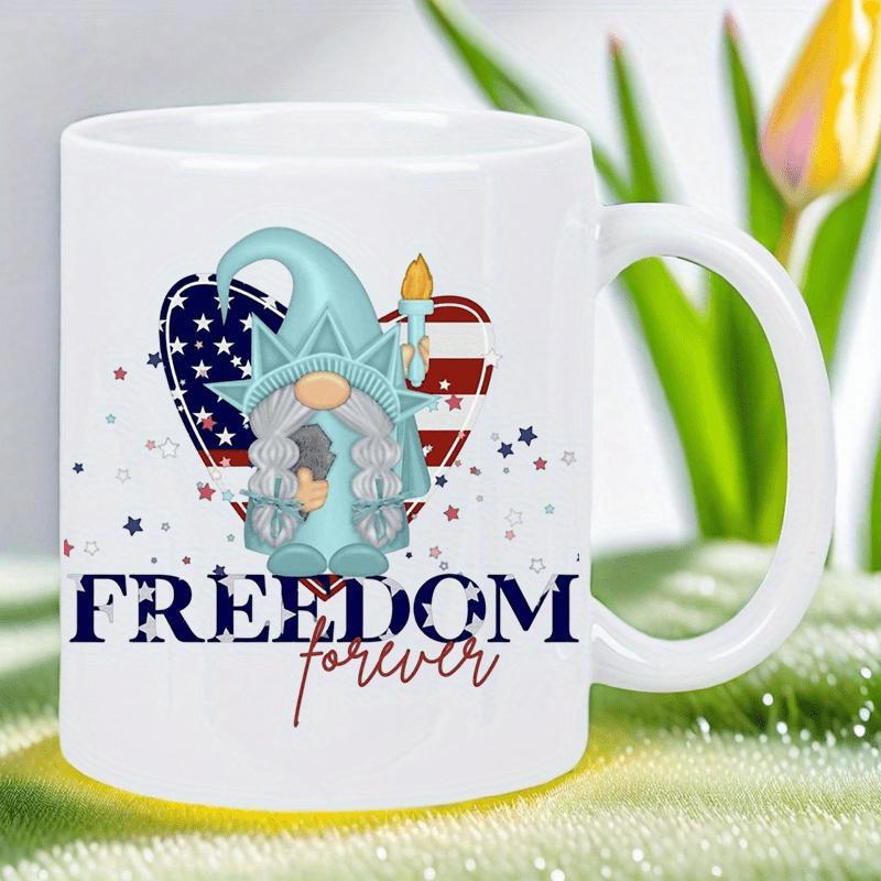 Tailorly White Ceramic 11 oz Mug - Freedom Forever Patriotic Heart Flag Stars Statue Of Liberty Motif Gnome