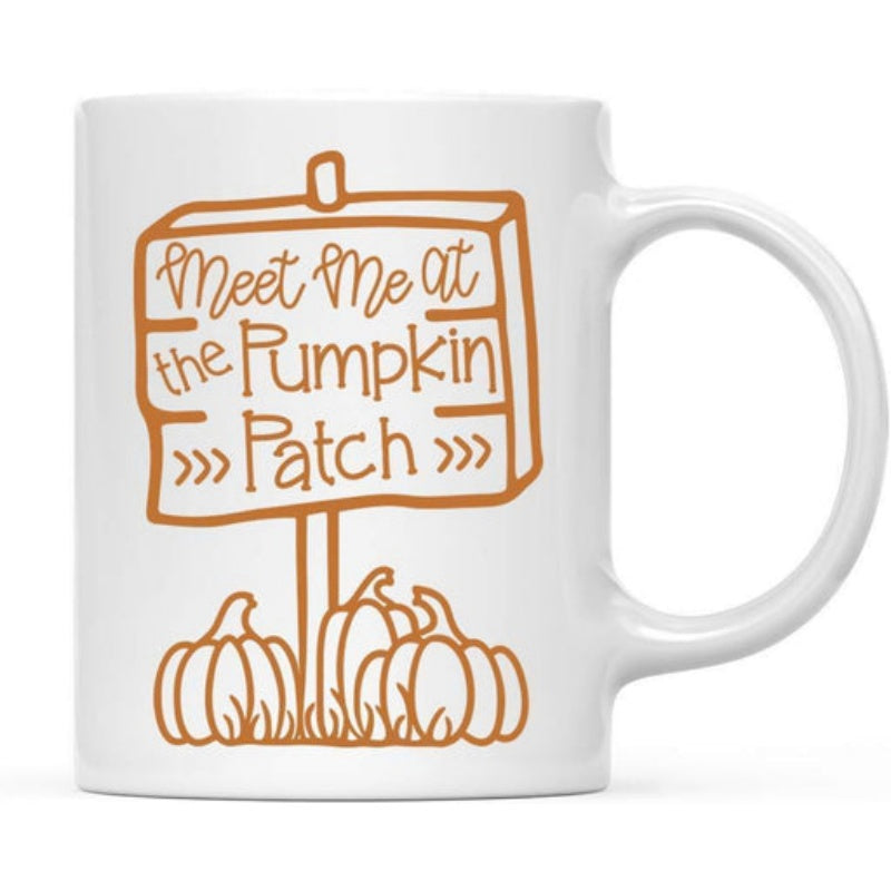 Tailorly White Ceramic 11 oz Mug - Meet Me At The Pumpkin Patch Rustic Wooden Directional Sign Standing Among Small Harvest Pumpkins