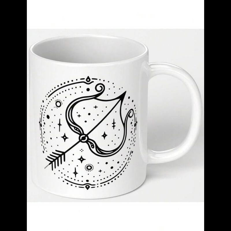 Tailorly White Ceramic 11 oz Mug - Ornate Celestial Archery Design With Mystical Stars And Decorative Line Art Bow