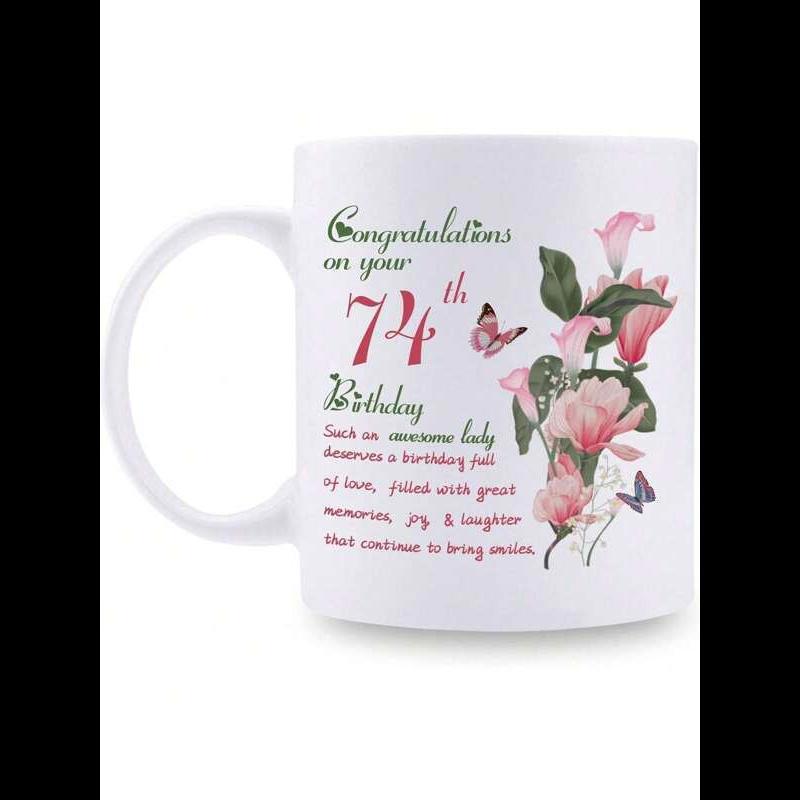 Tailorly White Ceramic 11 oz Mug - Congratulations On Your 74th Birthday Blooming Pink Lily Petals With Butterflies Fluttering In Serene Garden Flower