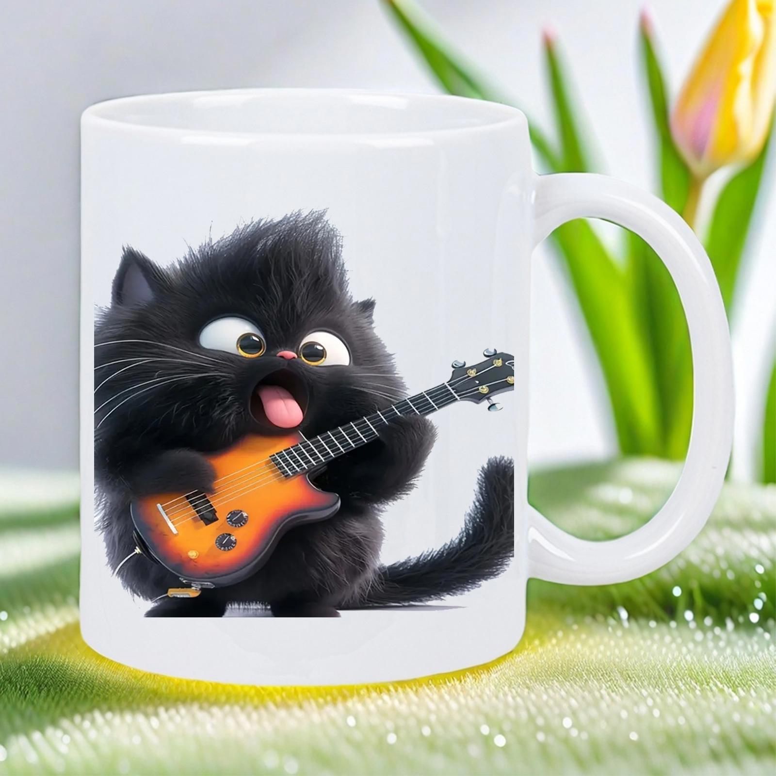 Tailorly White Ceramic 11 oz Mug - Fluffy Rocker Kitten Playing An Orange Electric Guitar Rock And Roll Cat