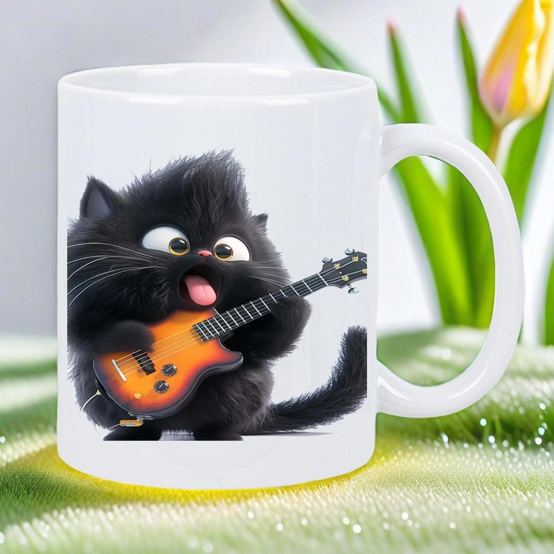 Tailorly White Ceramic 11 oz Mug - Fluffy Rocker Kitten Playing An Orange Electric Guitar Rock And Roll Cat