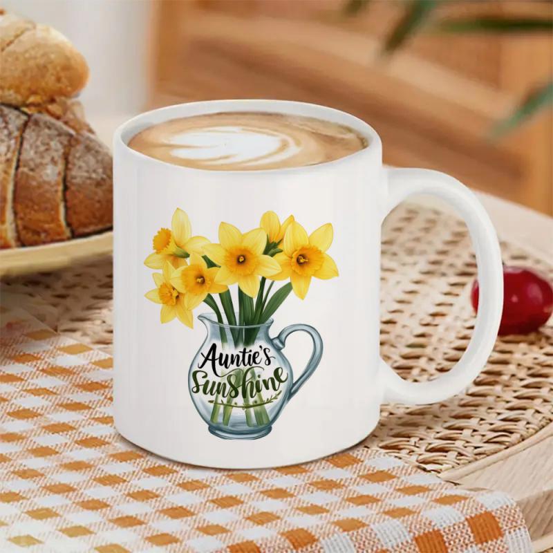Tailorly White Ceramic 11 oz Mug - Aunties Sunshine Elegant Yellow Blossoms Standing In A Vintage Style Glass Water Pitcher Daffodils