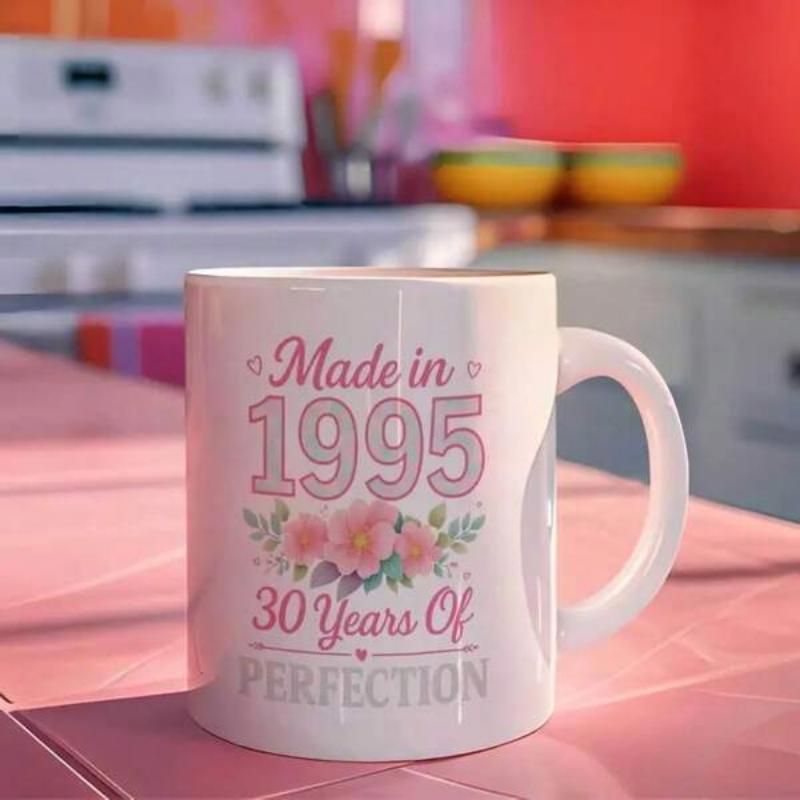 Tailorly White Ceramic 11 oz Mug - Made In 1995 30 Years Of Perfection Soft Pink Floral Bouquet Surrounded By Elegant Decorative Script Typography Mug