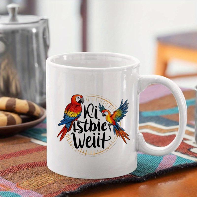 Tailorly White Ceramic 11 oz Mug - Hi Vibrant Colorful Macaws Perching And Flying Inside Decorative Circle Parrot