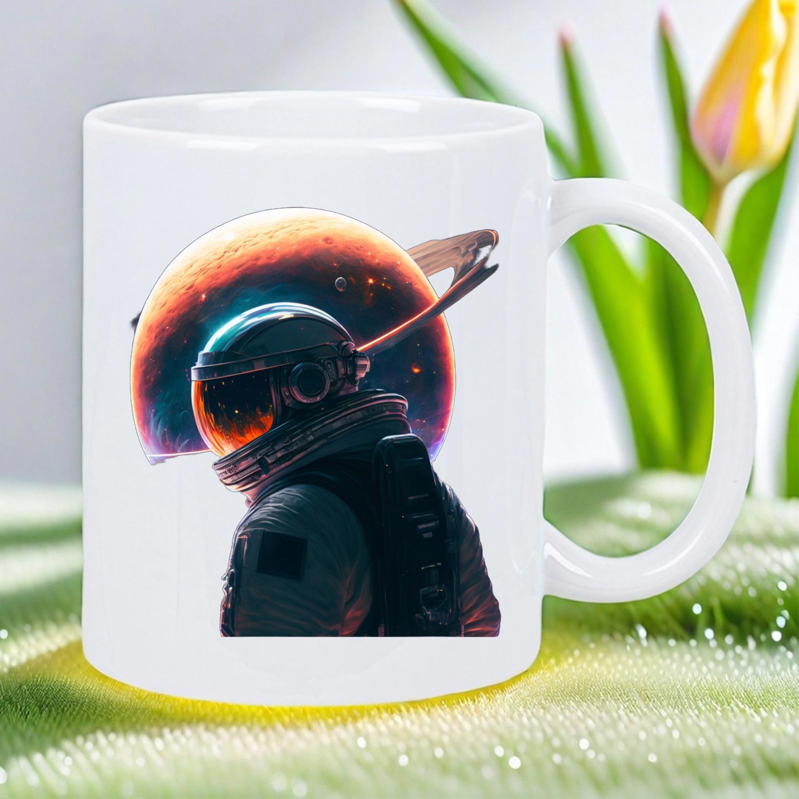 Tailorly White Ceramic 11 oz Mug - Deep Space Explorer Drifting Before A Glowing Ringed Celestial Planetary Astronaut