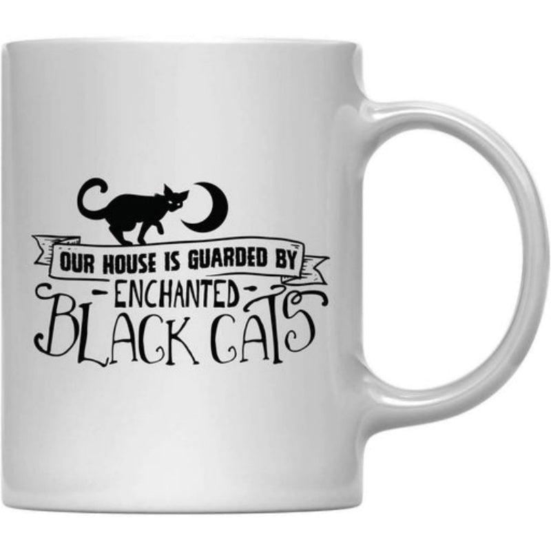 Tailorly White Ceramic 11 oz Mug - Our House Is Guarded By Enchanted Black Cats Silhouette Of A Stealthy Feline Under A Crescent Moon Cat