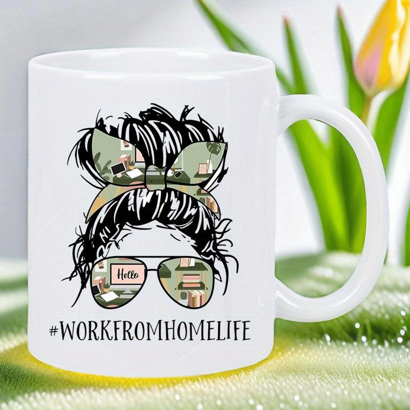 Tailorly White Ceramic 11 oz Mug - Work From Home Life Artistic Silhouette With Patterned Bow And Sunglasses Featuring Office Scenes Woman