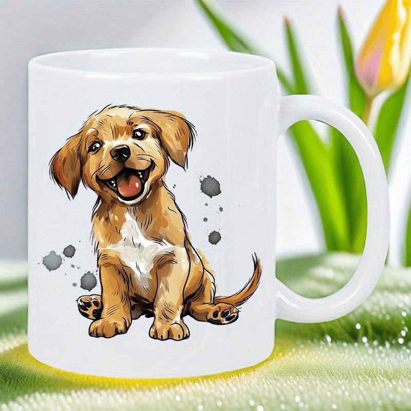 Tailorly White Ceramic 11 oz Mug - Adorable Sitting Brown Puppy With Joyful Expression And Artistic Splatter Dog