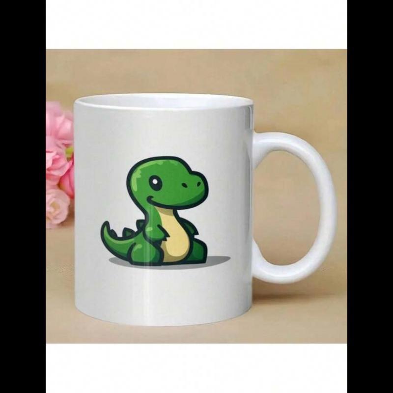 Tailorly White Ceramic 11 oz Mug - Adorable Little Green Cartoon Creature Sitting With A Friendly Smile Dinosaur